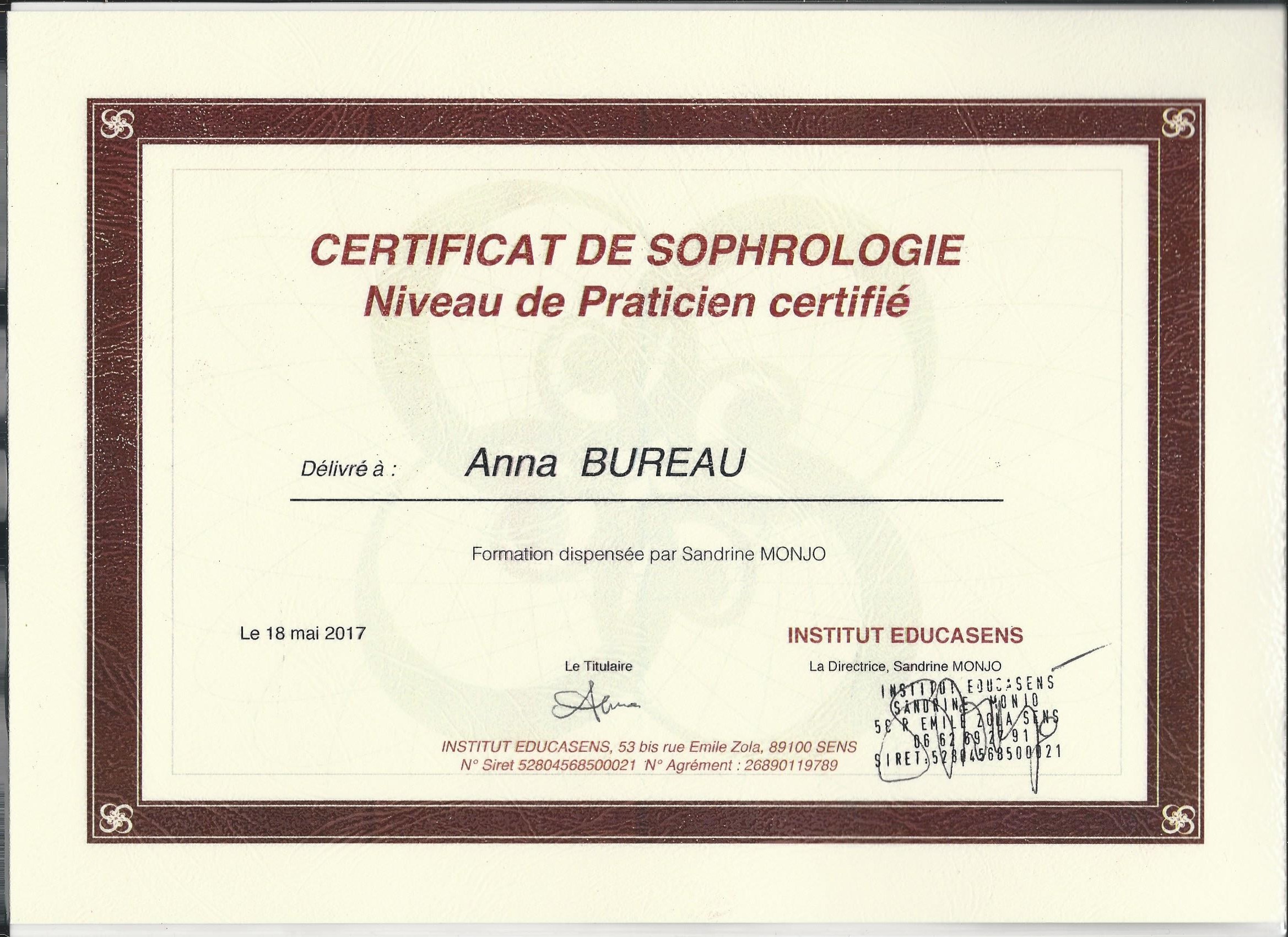 Certificat de sophrologie obtenu à l'institut Educasens
